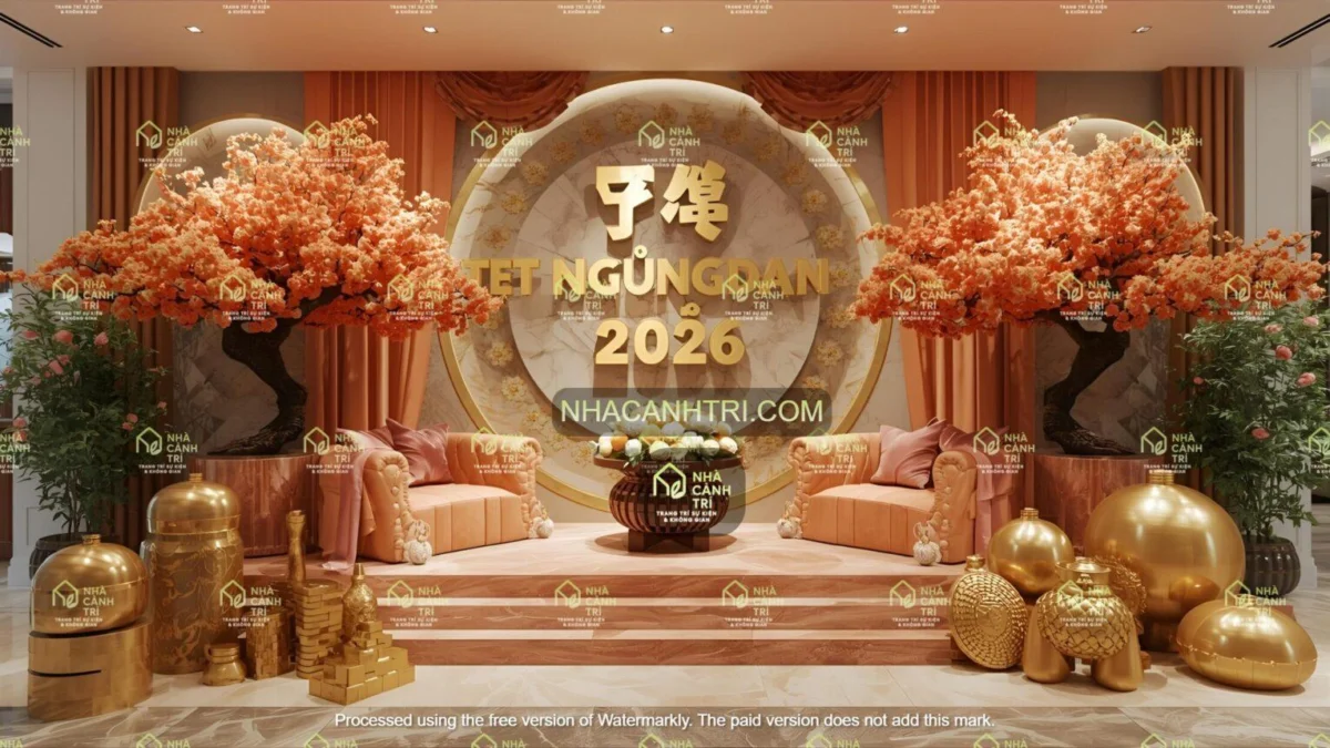 mẫu cổng chào Tết kết hợp hoa đào